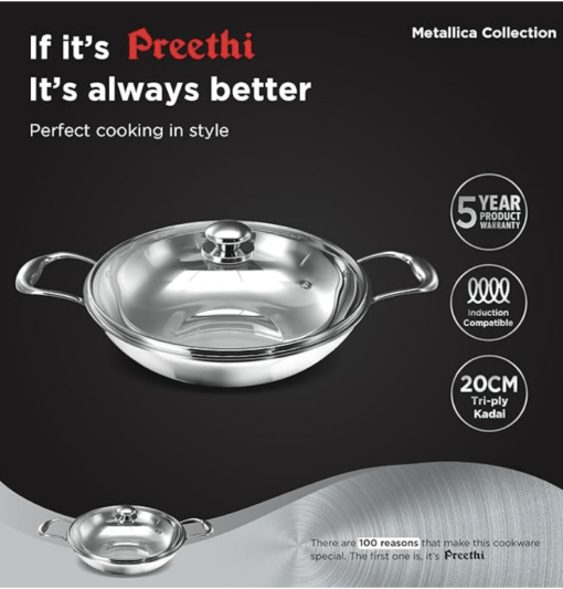‎Preethi Metallica Collection Triply Stainless Steel Kadai with Glass Lid, 28 cm, Gas & Induction Compatible, Metal Spatula Friendly with 5 Year Product Warranty - Image 2